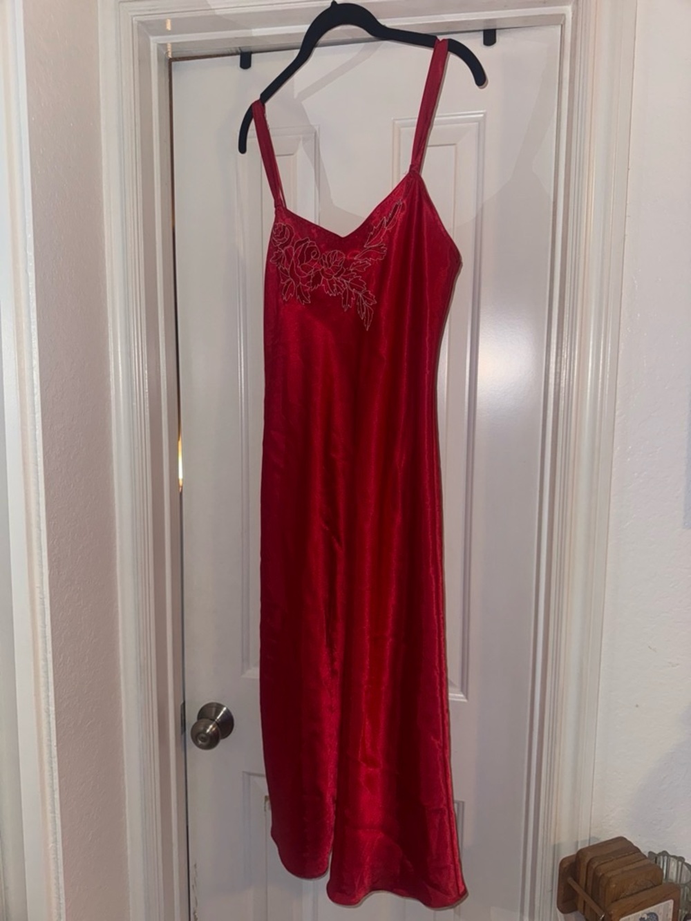 Morgan Taylor Red Satin Slip with Floral Embroidery